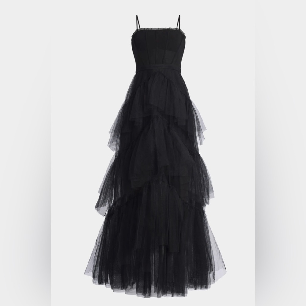 BCBGMaxAzria Black Tulle Corset Tiered Gown